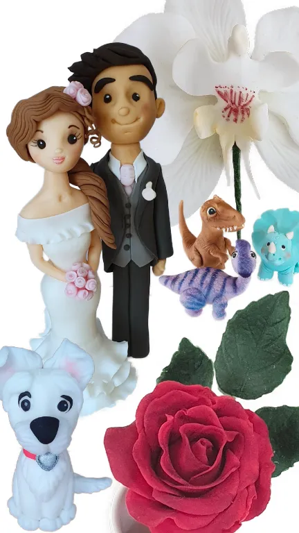 Hand-sculpted sugarcraft: bride and groom, flowers, dinosaurs and animal figures