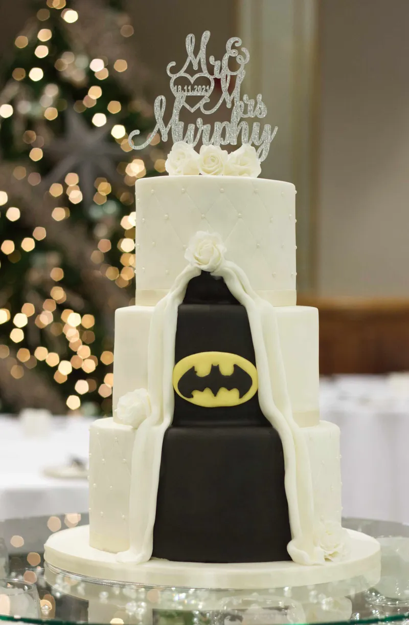 Two-style wedding cake with a hidden Batman side