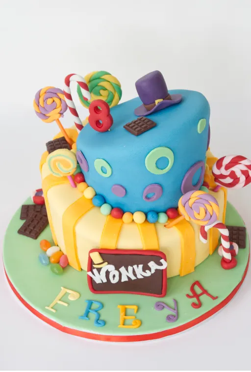 Colourful Willy Wonka themed birthday cake